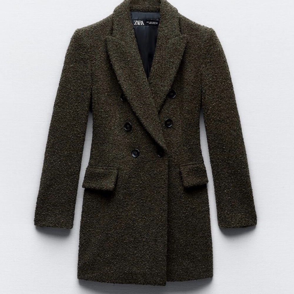 NWOT Zara Long Olive Double-Breasted Boucle Blazer